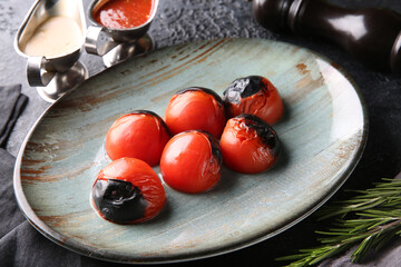 Grilled vegetables. Fried tomatoes with herbs on a plate, red and white sauces, ketchup, spices. Rosemary on a dark table. Turkish cuisine, dish. Vegetable garnish. Background image, copy space