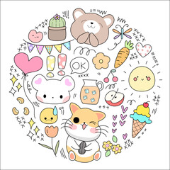 Obraz premium Kawaii set fashion patches badges for sticker , postcard , invitation . vector illustration for kids on a circle background