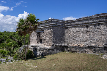 Fototapeta na wymiar Tulum ruins Mayan site with temple ruins pyramids and artifacts in the tropical natural jungle forest palm and seascape panorama view in Tulum Mexico.