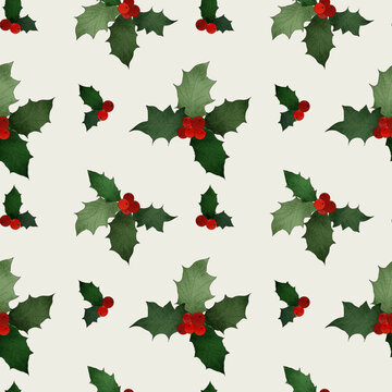 Charming holly with red berries for the New Year theme. Seamless vector hand-drawn pattern. Christmas theme for print, fabric, packaging.