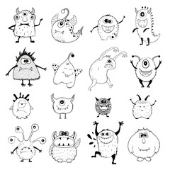 A set of hand-drawn monster silhouettes. Linear drawing.Vector graphics.