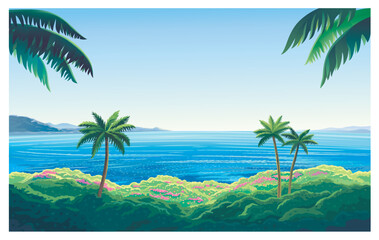 Fototapeta na wymiar Summer seascape with the coast and palm trees, jungle and sea in the background. Vector illustration.