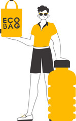 A man holds an eco-package in his hands. The concept of ecological bags and plastic. Linear modern style.