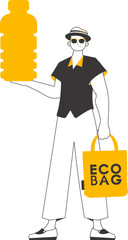 A man holds in his hands an eco bag and a bottle made of biodegradable plastic. The concept of ecological products. Linear trendy style.