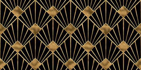 Seamless golden Art Deco diamond palm fan or shell line pattern. Vintage 1920 geometric gold plated relief sculpture on dark black background. Modern elegant metallic luxury backdrop. 3D rendering.