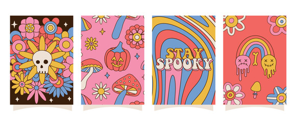 Set of hand drawn a4 posters and cards. Hippie spooky flower Halloween banner design in modern retro vintage groovy 60s 70s style. Linear vector illustration.