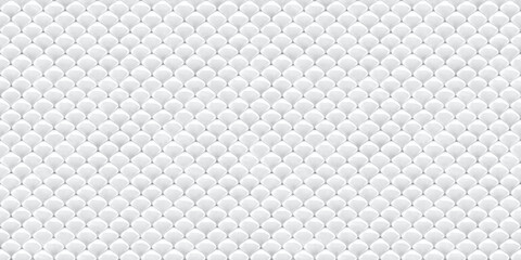 Seamless minimal metallic white abstract shiny armor scales background texture. Elegant glossy luxury fish, mermaid or snake skin wallpaper pattern. Tileable subtle light grey backdrop. 3d Rendering.