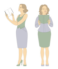 Collection. Girls silhouettes in modern single line style. Woman teacher reads a book. Continuous line, decor outline, posters, wall art, stickers, logo. Vector illustration set.