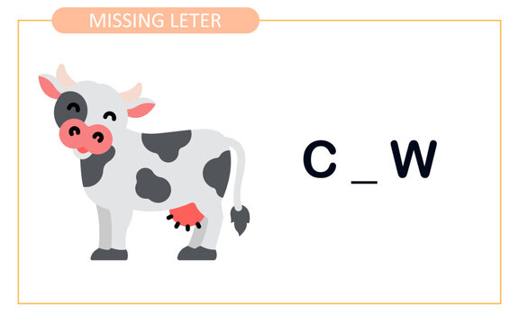Find missing letter with cow spelling. spelling game for kids. activity worksheet for kids.