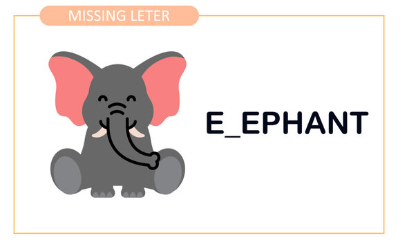 Find missing letter with elephant spelling. spelling game for kids. activity worksheet for kids.
