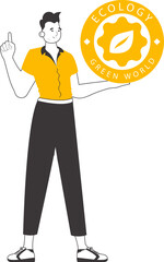 A man holds a green world logo in his hand. Linear style. Isolated on white background. Vector illustration.