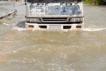 Trucks Crossing Extreme Heavy Road Flooding In thailand
