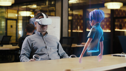 A man with virtual reality glasses uses a joystick to connect the video chat with an avatar of a girl via hologram in the metaverse. Augmented reality concept. - obrazy, fototapety, plakaty