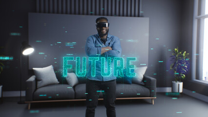 Guy with reality glasses. The world of the future. Virtual Entertainment