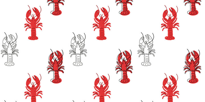 Seamless pattern of fresh red crayfish, flat and doodle, or hand drawn vector illustration