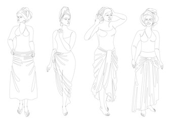 Collection. Silhouette of a beautiful girl. Lady in a turban and national clothes. Woman in modern one line style. Solid line, decor outline, posters, stickers, logo. Vector illustration set.