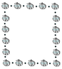 frame with seashells drawn in black pencil and pearls with turquoise inserts with empty space