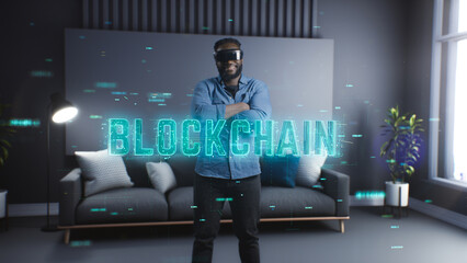 Blockchain technology of the future. Blockchain system. Joyful male user of virtual reality...