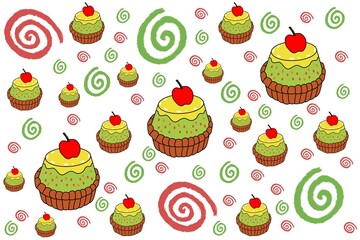Colorful cupcake background with green and red spiral pattern, Cupcake background, Cupcake pattern, Green background, Sweet candy.