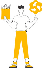 A man, a package with products and an eco logo. The concept of ecological products. Linear modern style. Isolated on white background. Vector illustration.