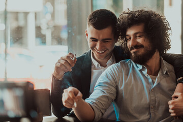 Portrait of multiethnic diverse gay LGBT romantic male couple embracing and showing their love