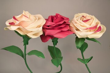 Three handmade roses in white and red on a light brown background