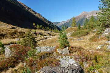 Fototapeta na wymiar Berglandschaft mit Hütten aus Holz in den herbstlichen Alpen