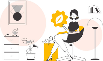 The concept of ecological products. Girl, package with products and eco logo. Linear modern style.