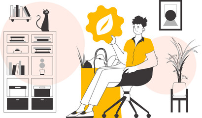 The concept of reasonable consumption. Boy, package with products and eco logo. Lineart style.