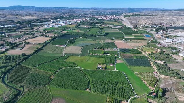 Vega in Calatayud. Aerial view from a drone of the Roman site of Augusta Bilbilis. Wet. Saragossa. Aragon. Spain. Europe