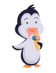 Cute penguin stands with icecream and eating. Funny draw character in cartoon style. Adorable wild animal