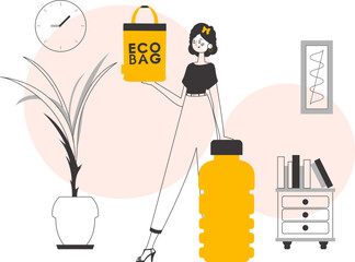 Ecology conservation concept. The girl is holding an eco-package in her hands. Linear trendy style.