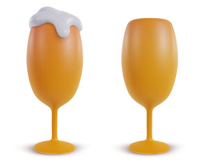 3d realistic empty and full glass of beer isolated on white background. Set design elements in modern cartoon style. Vector illustration.