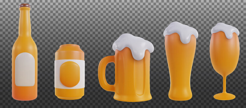 Beer bottle, can, mug and glass in 3d realistic minimal style isolated on transparent background. Set cartoon alcohol drink elements. Vector objects.