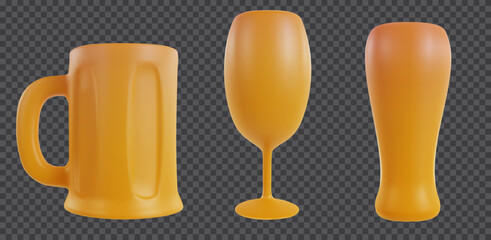 Collection 3d realistic beer glasses various form isolated on transparent background. Set design elements in modern cartoon style. Vector illustration.
