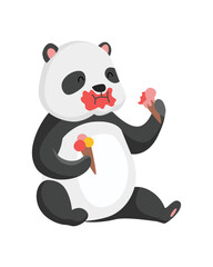 Panda bear sits and eating icecream. Cute big panda character. Asian wildlife cartoon animal. Adorable jungle wild mammal