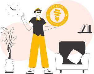 The guy holds the green energy logo in his hand. Linear style.