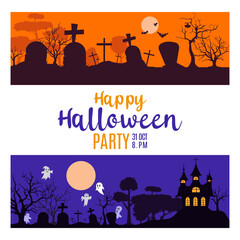 Halloween theme party vector. The panoramic silhouette of the cemetery under the moon Landscape with graves and crosses. Spooky illustration Vector illustration