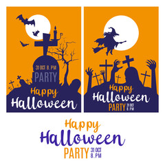 Halloween theme party vector. The panoramic silhouette of the cemetery under the moon Landscape with graves and crosses. Spooky illustration Vector illustration