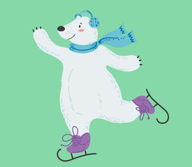 The white polar bear is skating. Winter sport. Colorful vector illustration in a cute flat style. Vector illustration design.