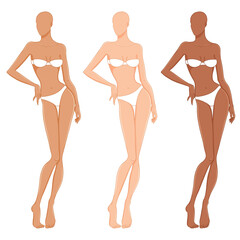 Fashion models posing, vector illustration. Woman body templates. Nine-head fashion female different skin tones colored croquis,  vector set.