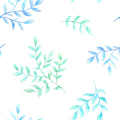 Fototapeta na wymiar A pattern with twigs drawn with watercolor pencils, highlighted on a white background.