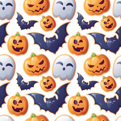 Seamless pattern with Halloween sweets. Cookies in the form of a ghost, a bat, a pumpkin. Trick or treat. Festive texture great for wrapping paper, wallpaper, fabric, etc.