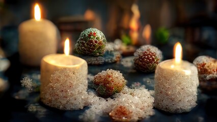 Abstract Christmas decorations from natural materials in mystical atmospheric festive evening interior