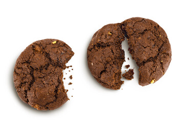 chocolate cookies broken isolated on white background with full depth of field. Top view. Flat lay