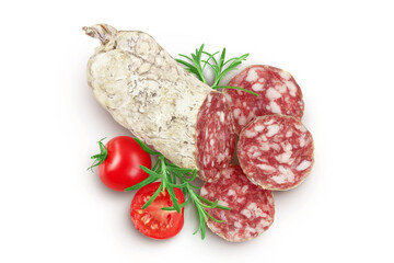 Cured salami sausage slices isolated on white background. Italian cuisine with full depth of field. Top view. Flat lay.