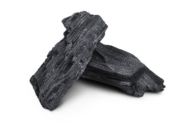Natural wooden charcoal isolated on white background with full depth of field