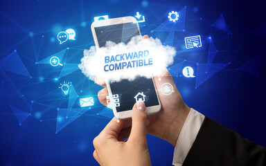 Hand using smartphone with cloud technology concept