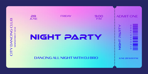 Night party ticket template. For discos, parties, concerts and other events in 90-s style. Vector can be used for web and print. Just add your text.