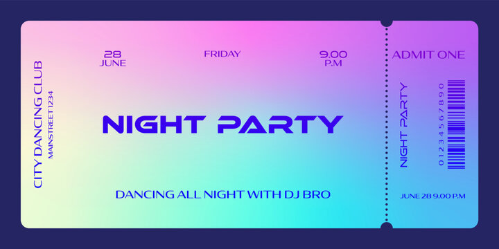 Night party ticket template. For discos, parties, concerts and other events in 90-s style. Vector can be used for web and print. Just add your text.